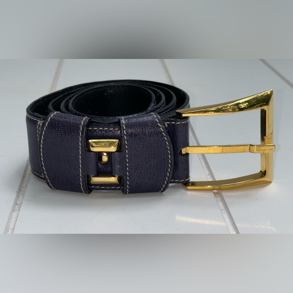 Salvatore Ferragamo Navy Blue and Gold Belt - Picture 3 of 4